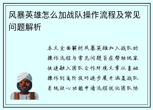 风暴英雄怎么加战队操作流程及常见问题解析